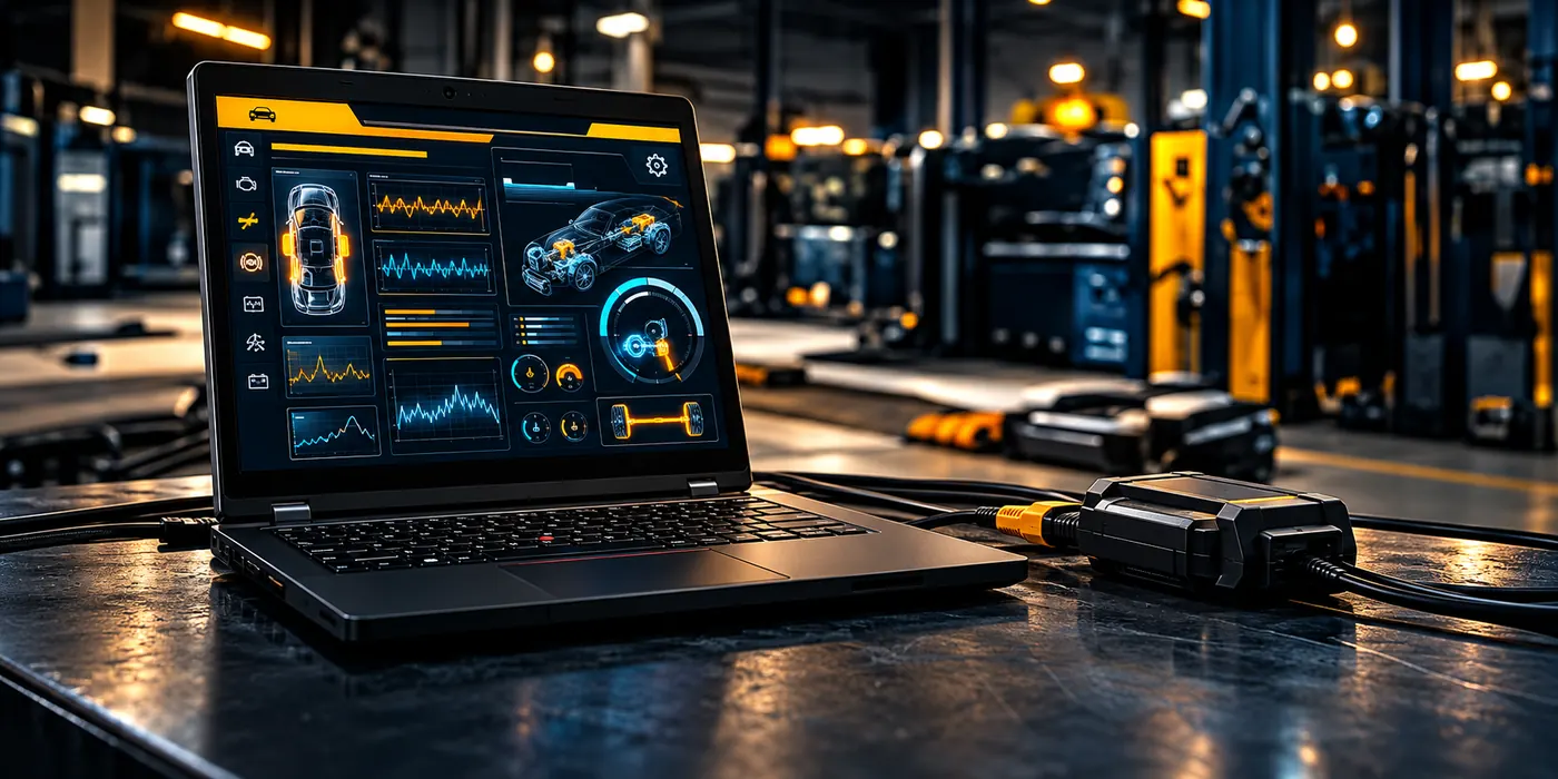 Laptop z oprogramowaniem diagnostycznym w warsztacie