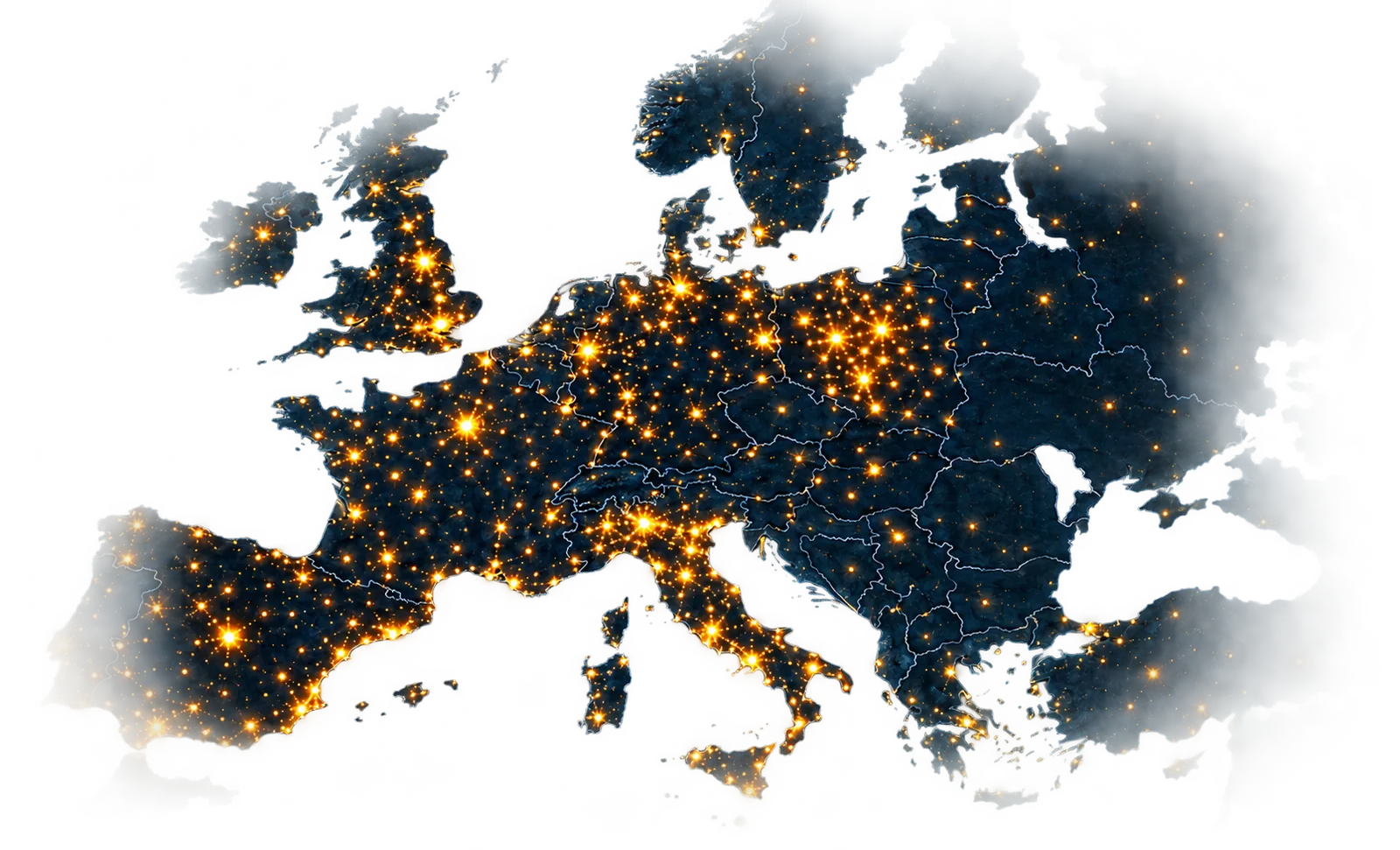 Mapa Europy z rozświetlonymi miastami
